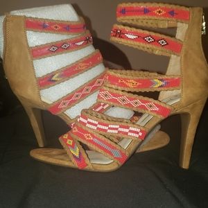 Tan Strappy Heels With Faux Beaded Accents